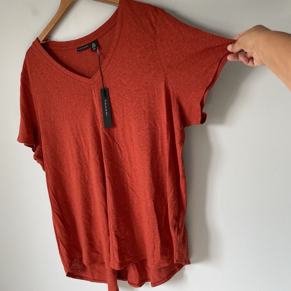 Tahari 100% Linen Blouse Top V Neck Short Sleeve Burnt Orange Women's Size 3X - Picture 3 of 10